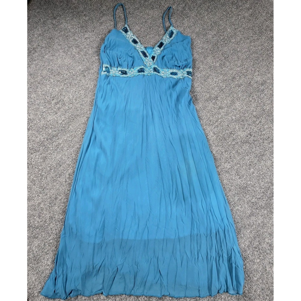 Vintage Y2K Teal Midi Dress Babydoll L Sequin Chiffon Crinkle Made‎ In USA Fairy